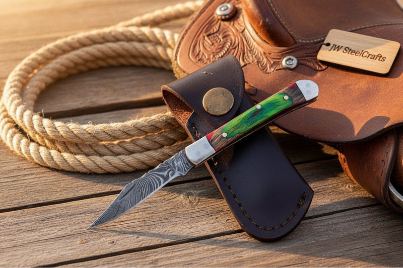 A folding pocket knife with a patterned steel blade and a green marbled handle rests in a dark brown leather sheath on a wooden surface, next to a coiled rope and a brown leather holster with a SteelCrafts brand tag.