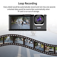 Car dashboard camera with loop recording feature on a white background