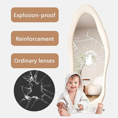 Baby sitting next to a cracked mirror with text on explosion-proof and reinforcement features.
