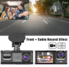 Car dashboard camera with front and cabin record effect, showing road and people inside a car.