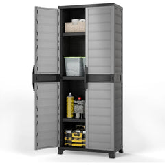 68" Lockable Storage Cabinet, PP Garage Storage Shed with Doors, 3 Adjustable Shelves, Freestanding Tool Locker, Shelving