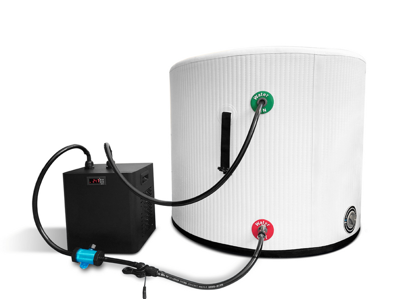 White cylindrical water tank with black power supply and hoses on a white background