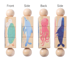Set of wooden blocks with sea animal illustrations on a white background