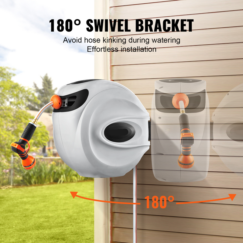 Vevor hose reel with 180-degree swivel bracket on a wooden wall background