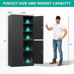 Metal Storage Cabinet with 3 Adjustable Shelves,Garage Storage Cabinet with Lock,Black Metal Cabinet with Locking Doors,