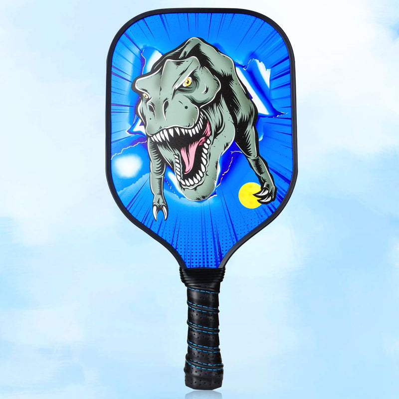 Pickleball paddle with dinosaur design on a blue background