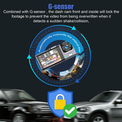 Car dashboard camera with G-sensor feature illustration on a dark background