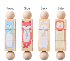 Set of wooden blocks with animal illustrations on a white background
