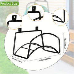 Black metal hose shelf with dimensions and product size label