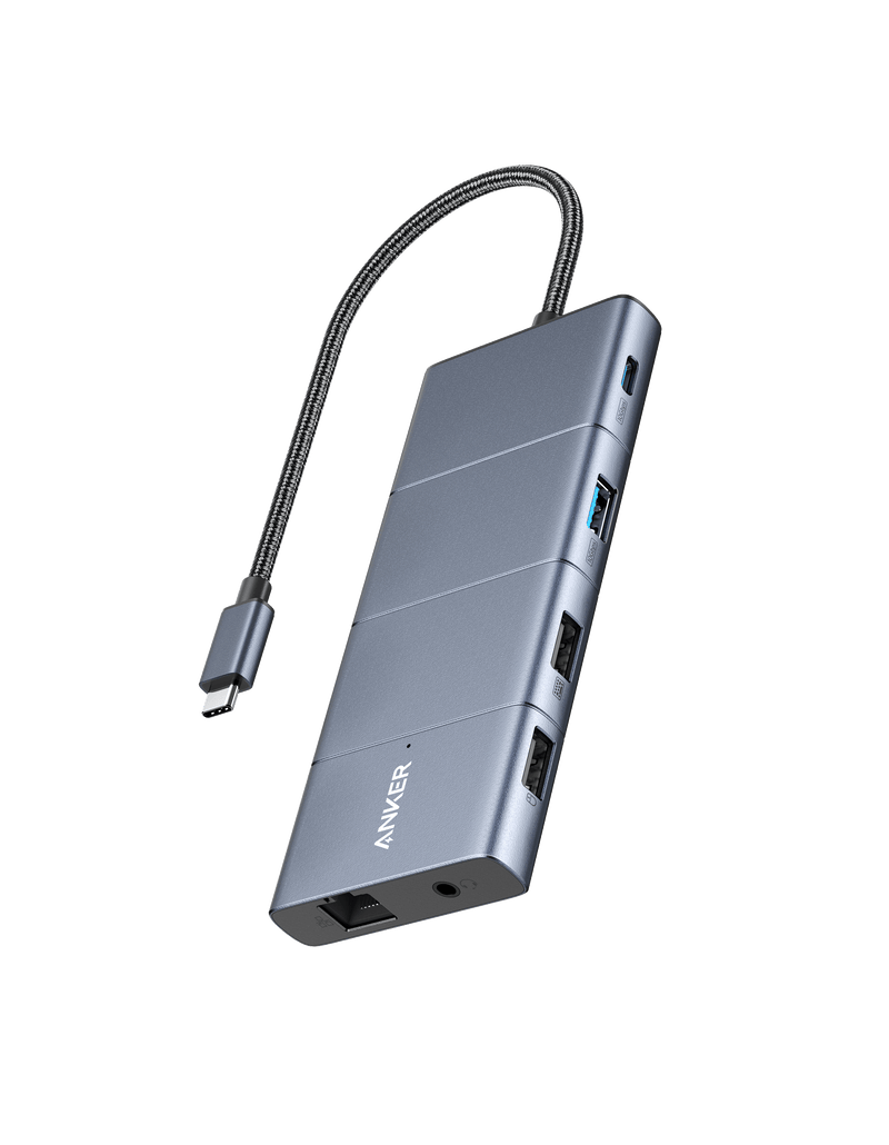 Silver USB hub with cable on a transparent background
