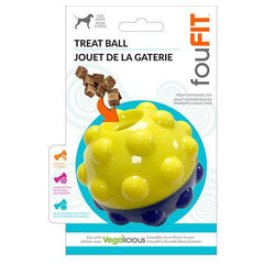 Yellow and blue dog treat ball with packaging displaying 'Fou Fit' brand.