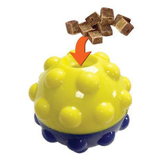 Yellow and blue textured ball with brown treats on a white background