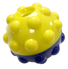 Yellow and blue textured ball toy on a white background