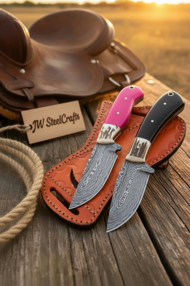 Two custom knives with patterned steel blades and handles in pink and black, displayed in a leather sheath on a rustic wooden surface with a leather saddle and rope in the background.