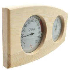 Wooden sauna thermometer with two circular gauges on a white background
