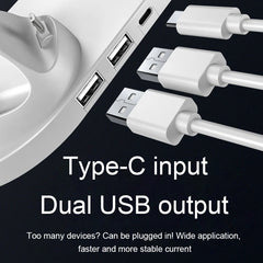 Electronic device with Type-C input and dual USB output, showing multiple cables plugged in.