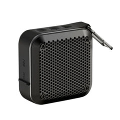 A small black portable Bluetooth speaker with a built-in metal carabiner clip, shown from a three-quarters angle on a solid white background.