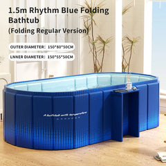 A blue folding bathtub shown in a bright indoor room with wood flooring and plants. Text on the image reads '1.