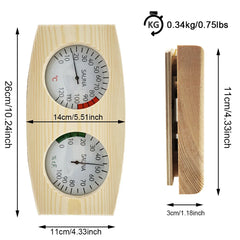 Wooden thermometer with dimensions and weight label