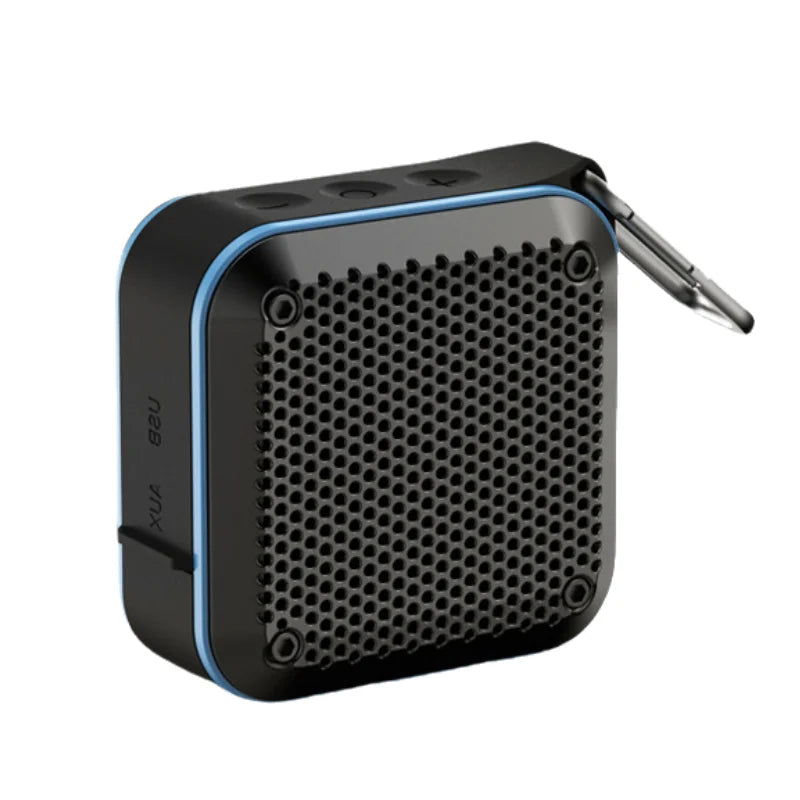 A small black portable Bluetooth speaker with a blue accent trim and a silver metal carabiner clip, shown on a plain white background.