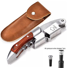 Wood Handle Wine Opener - Professional Wine Opener Portable Waiters  Corkscrew Beer Bottle Cap Opener With PU Bag & Wine Stopper