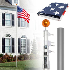 20ft Telescopic Flag Pole Kit Heavy Duty Aluminum With 5x3 Us Flag Golden Ball Topper Pennant Style