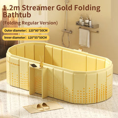 A pale yellow folding bathtub shown in a bathroom setting with overlaid text listing dimensions and product name. The tub has a step entry, side tray, and dotted decorative pattern near the base.