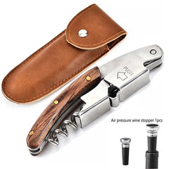Wood Handle Wine Opener - Professional Wine Opener Portable Waiters  Corkscrew Beer Bottle Cap Opener With PU Bag & Wine Stopper