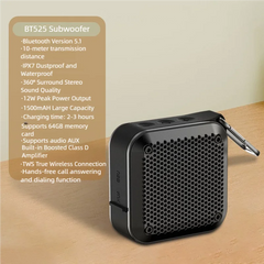 A black Bluetooth subwoofer speaker shown on a wooden surface against a beige wall, with a product feature text box on the left.