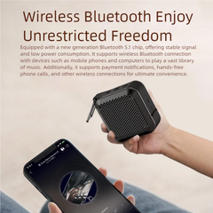 A person holds a small black Bluetooth speaker in one hand while holding a smartphone in the other, with promotional text above about wireless Bluetooth connectivity.