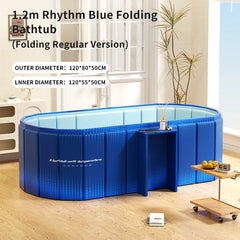 Blue folding bathtub shown in a bright room with text overlays detailing its dimensions. The tub has a textured blue exterior, a light blue interior, and an integrated side table.