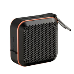A small black portable Bluetooth speaker with a copper-orange accent trim and a silver metal carabiner clip, shown on a solid white background.