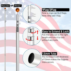 20ft Telescopic Flag Pole Kit Heavy Duty Aluminum With 5x3 Us Flag Golden Ball Topper Pennant Style