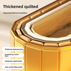 Close-up of a gold quilted cushion or pillow with text overlays highlighting features like thickened quilting, improved thermal insulation, thickened waterproof PVC, insulated PE cotton layer, composite support plate, and anti-scratch fiber mesh.
