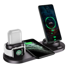 Multi-device charging station with smartphone, smartwatch, and Apple Watch on a white background