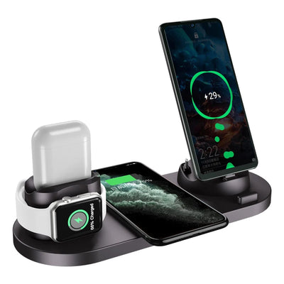 Multi-device charging station with smartphone, smartwatch, and Apple Watch on a white background