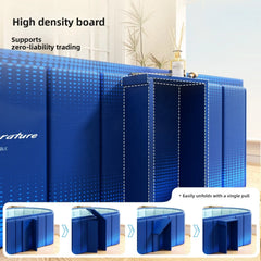 Blue folding board or shelf panel shown in a styled interior scene with text reading 'High density board' and 'Supports zero-liability trading,' plus a small inset sequence showing the panel unfolding with a single pull.