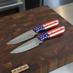 JW SteelCrafts Carbon Steel Drop Point Skinner Knife Set — American Flag Handles & Leather Sheaths
