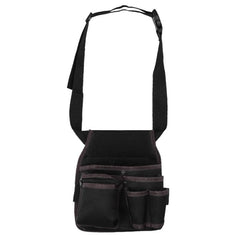 Black crossbody bag with multiple pockets on a white background