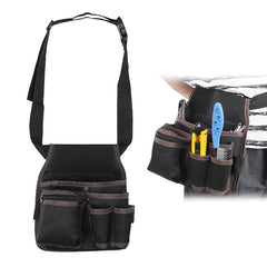 Black utility tool belt with multiple front pockets and a shoulder strap, shown on a white background with a smaller inset demonstrating use on a person's waist.