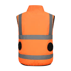 Orange safety vest with reflective stripes on a white background