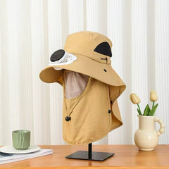 Solar Cooling Fan Sun Hat – UPF50+ Wide Brim with Neck Flap, USB & Solar Rechargeable