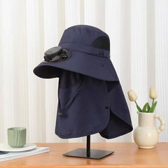 Solar Cooling Fan Sun Hat – UPF50+ Wide Brim with Neck Flap, USB & Solar Rechargeable