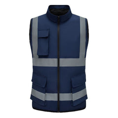 Navy blue safety vest with reflective stripes on a white background