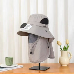 Solar Cooling Fan Sun Hat – UPF50+ Wide Brim with Neck Flap, USB & Solar Rechargeable