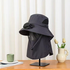 Solar Cooling Fan Sun Hat – UPF50+ Wide Brim with Neck Flap, USB & Solar Rechargeable