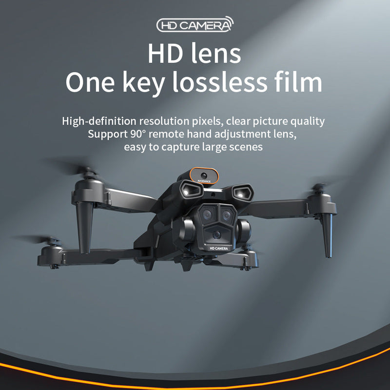 Drone with HD camera and lens features on a dark background
