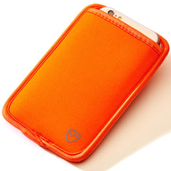 Orange phone case with a brand logo on a white background