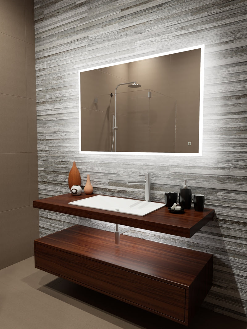 Paris Mirror Reflection 48x32 backlit LED bathroom mirror with frosted edge lighting, mounted above a floating walnut vanity in a modern tiled bathroom