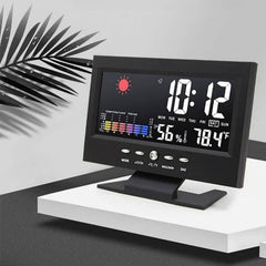 Digital clock with weather display on a white surface with a leafy plant in the background